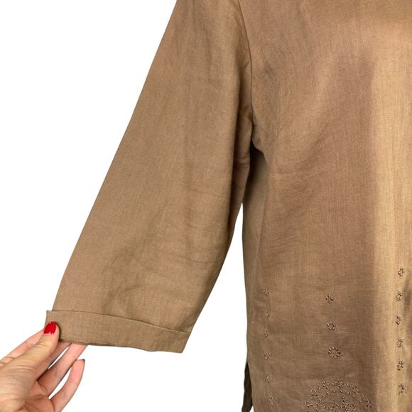 EColOGie Brown 100% Linen Embroidered Medallion Pattern Button Up 3/4 Sleeve Top - Picture 3 of 11